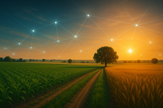 „Weitläufige Felder im Sonnenuntergang und einem digital leuchtenden Netzwerk am Himmel.