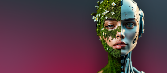 Fotocollage einer Frau mit zwei Gesichtern, eines als Frau mit Moos im Gesicht und eine Seite als Roboter