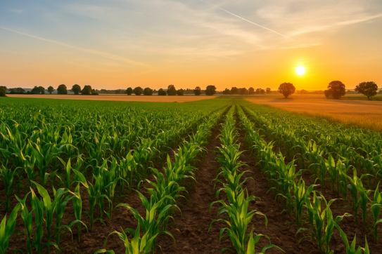 Sonnenuntergang über einem weitläufigen Feld, dahinter weitere Felder und einzelne Bäume.