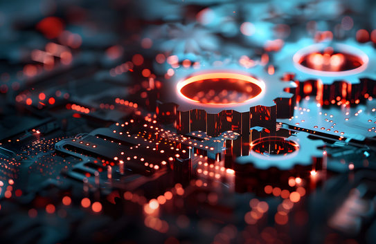 Visualisierung einer digitalen Technologieplattform: Vernetzung, Architektur und moderne IT-Infrastruktur in abstrahierter Darstellung.