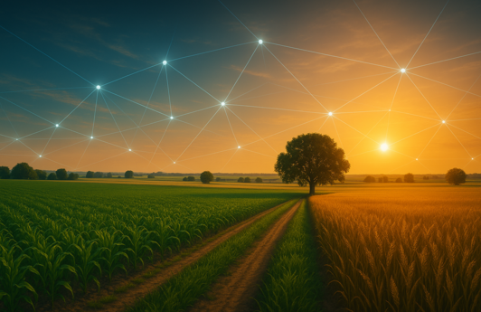 „Weitläufige Felder im Sonnenuntergang und einem digital leuchtenden Netzwerk am Himmel.