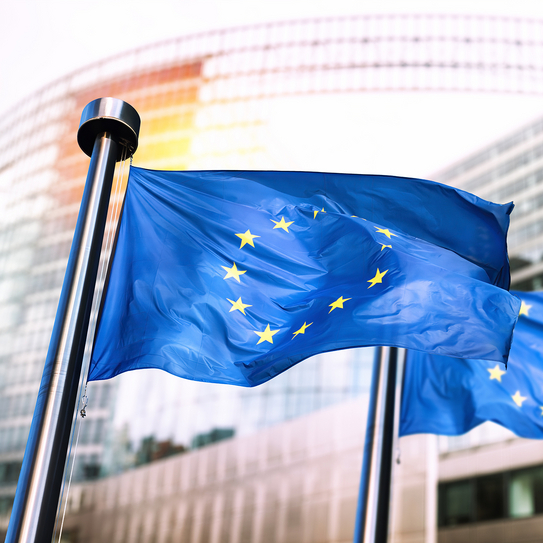 Zwei Fahnen wehen vor einem Bürokomplex, die Fahnen tragen das EU-Symbol, Sterne im Kreis angeordnet auf blauem Untergrund