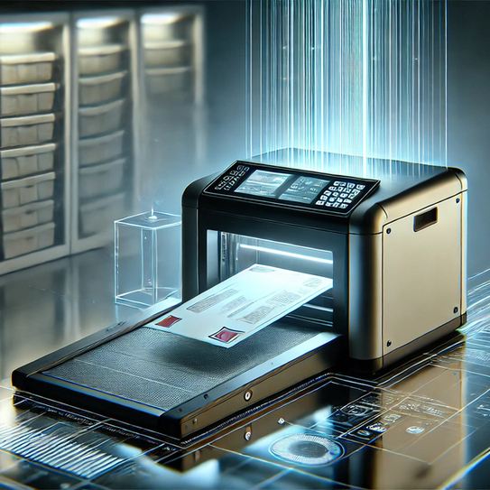 Ein moderner Dokumentenscanner digitalisiert eingehende Post in einer futuristischen, professionellen Umgebung.
