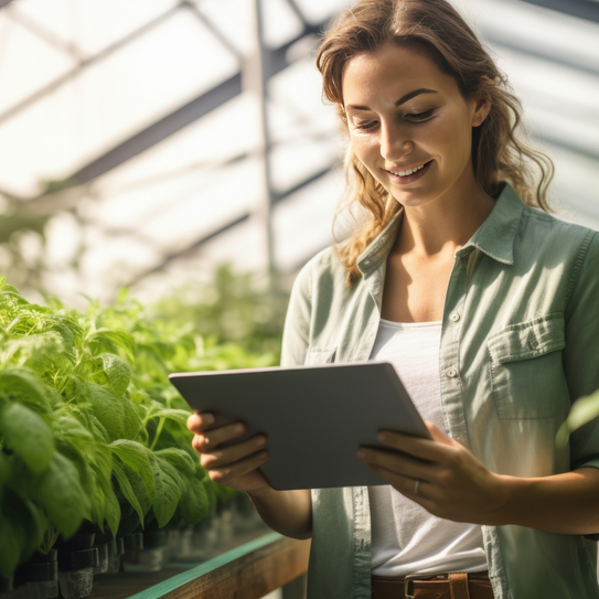 Eine junge Frau steht in einem Gewächshaus und hält ein Tablet in ihren Händen. im Hintergrund sieht man einige junge Pflanzen