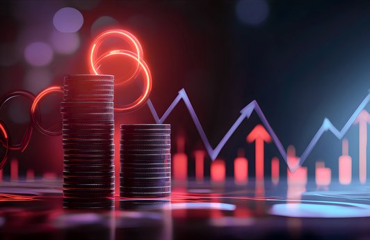 Zwei aufgetürmte Stapel mit Geld im Hintergrund eine Grafik eines Diagrammes
