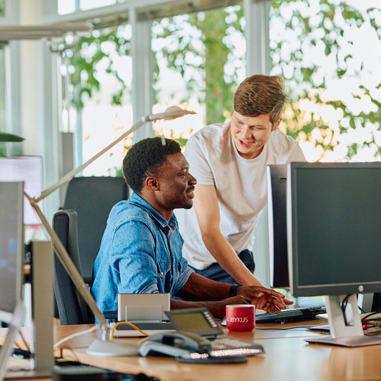 Zwei Kollegen im Büro arbeiten gemeinsam an einem Computer.