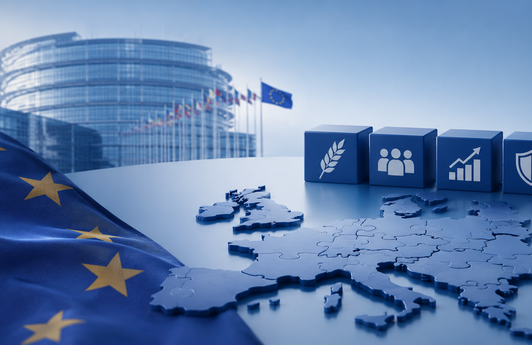 Symbolische Darstellung der europäischen Förderpolitik mit EU-Flagge, Europakarte und grafischen Symbolen für Landwirtschaft, Wirtschaft, Sicherheit und soziale Entwicklung vor einem modernen EU-Institutionsgebäude.