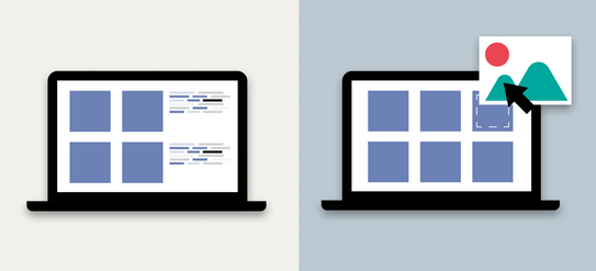 Eine Grafik mit zwei Laptops, auf dem Bildschirm links sieht man Kästchen und etwas Code, der andere Bildschirm zeigt, wie ein Foto per Drag and Drop auf seinen Platz gezogen wird.