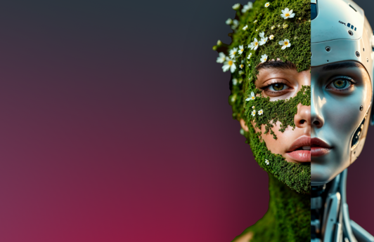 Fotocollage einer Frau mit zwei Gesichtern, eines als Frau mit Moos im Gesicht und eine Seite als Roboter