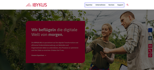 Ansicht des Headerbereiches auf der IBYKUS Startseite, Headerbild und Navigation