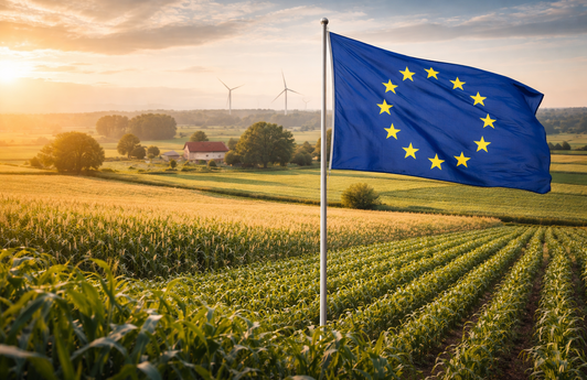 Eine landwirtschaftliche Fläche bei Sonnenaufgang. Darauf befindet sich eine wehende EU-Flagge.