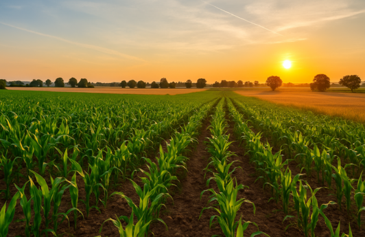 Sonnenuntergang über einem weitläufigen Feld, dahinter weitere Felder und einzelne Bäume.