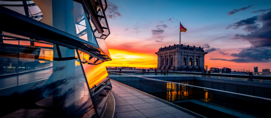 Ein Blick von der Glaskuppel des Bundestage in Berlin, im Hintergrund sieht man die Deutschlandfahne auf dem Gebäude. Der Himmel ist durch einen Sinnenuntergang gefärbt.