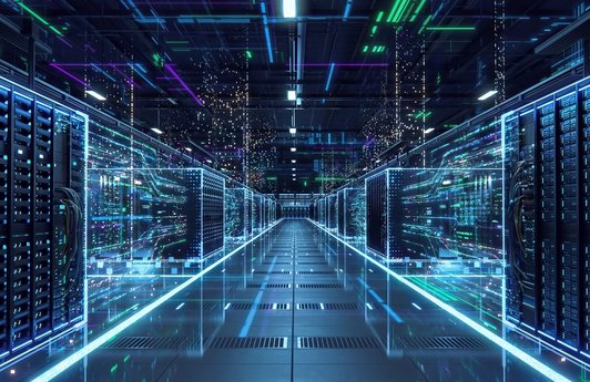 Moderne Rechenzentrumsanlage mit fortschrittlicher digitaler Infrastruktur für Cloud-Computing, Datenspeicherung und Netzwerksicherheit.