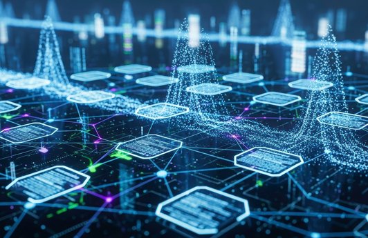 Abstrakte digitale Netzwerkdarstellung mit leuchtenden, miteinander verbundenen Knoten und Datenfeldern in Blau- und Türkistönen.