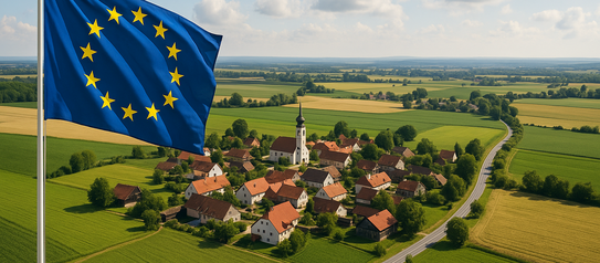 Abbildung einer Gemeinde im ländlichen Raum, im Vordergrund ist eine wehende EU-Flagge zu sehen.