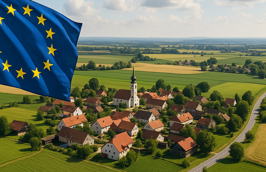 Abbildung einer Gemeinde im ländlichen Raum, im Vordergrund ist eine wehende EU-Flagge zu sehen.