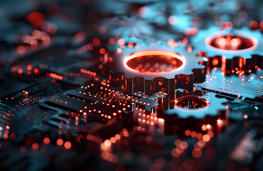 Visualisierung einer digitalen Technologieplattform: Vernetzung, Architektur und moderne IT-Infrastruktur in abstrahierter Darstellung.