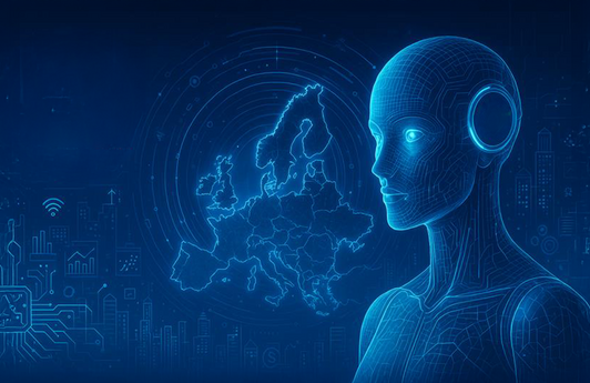 Futuristische digitale Illustration mit einer humanoiden, blau leuchtenden KI-Figur rechts im Bild, einer leuchtenden Europakarte im Hintergrund und angedeuteten Stadtsilhouetten und Schaltkreisen im unteren Bereich, die technologische Vernetzung und Innovation in Europa symbolisieren.