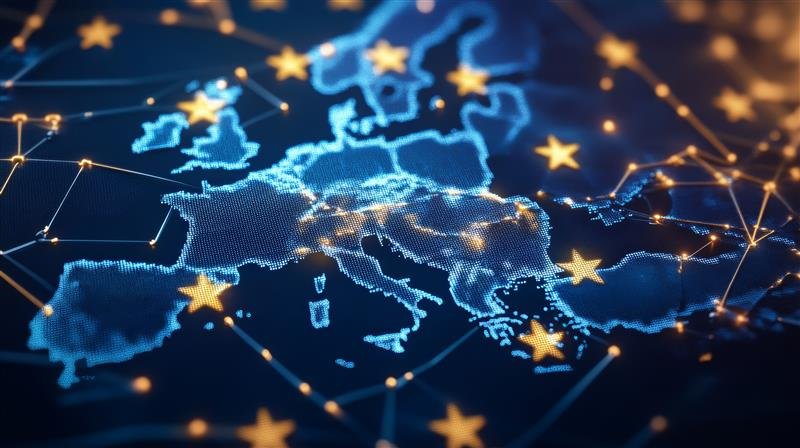 Digitale Karte Europas mit vernetzten Knotenpunkten und hervorgehobenen Verbindungen, ergänzt durch EU-Sterne, als Symbol für europaweite Zusammenarbeit und Cyber-Sicherheit.